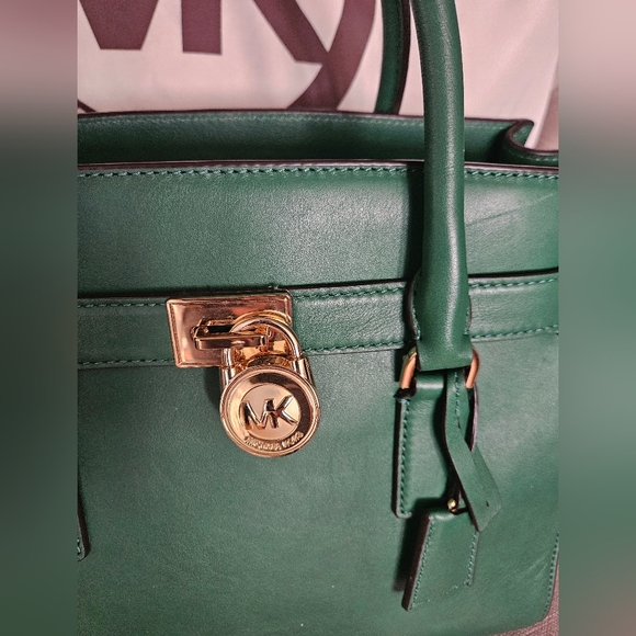 Michael Kors Hamilton Traveler Green Leather Satchel Bag - Picture 3 of 17